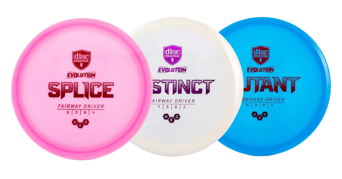 Three Discmania disc golf discs on a white background