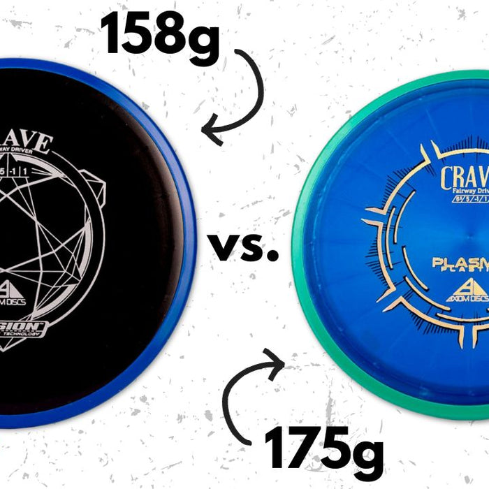 An image of two disc golf discs with different weights