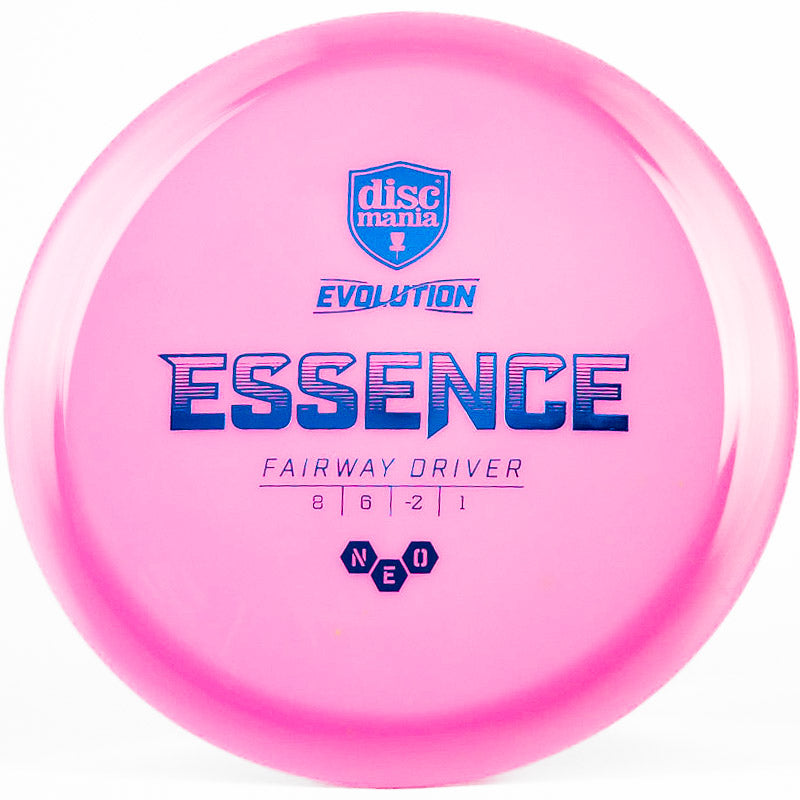 A pink Discmania Essence with a blue stamp