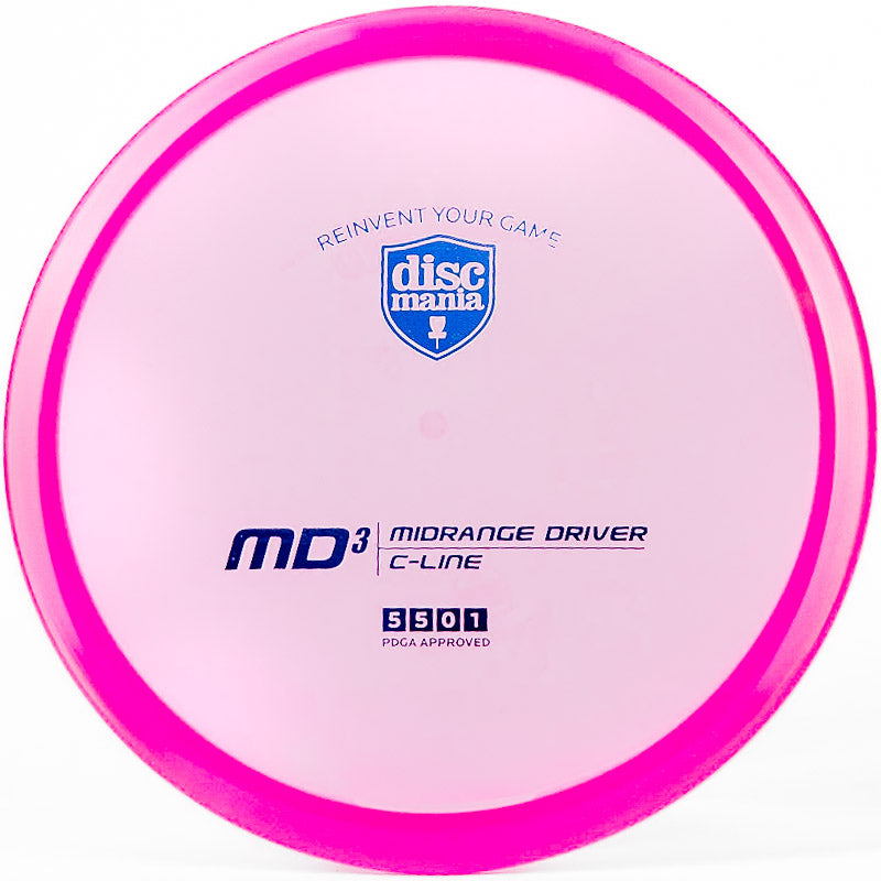 A pink and blue Discmania MD3 midrange disc