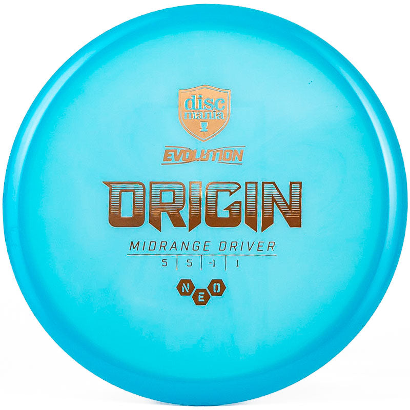 A shiny new Discmania Origin midrange disc made with blue plastic