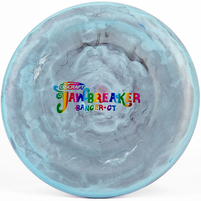 A blue/grey colored Discraft Banger GT with a rainbow stamp