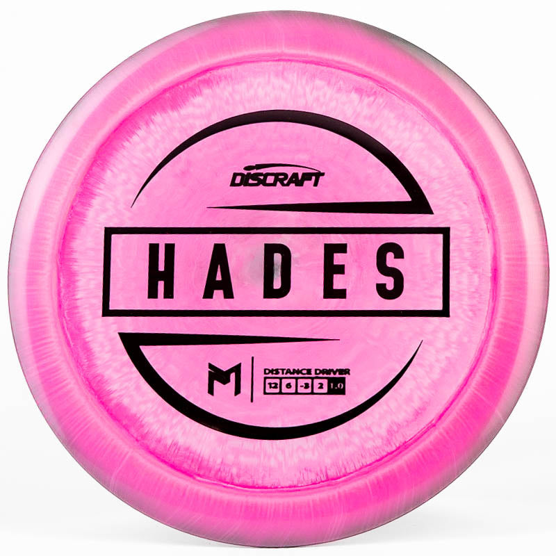 A pink Discraft Hades with a black stamp on a white background