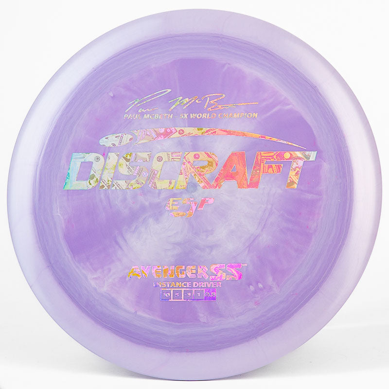 A purple colored Discraft Avenger SS with a money stamp