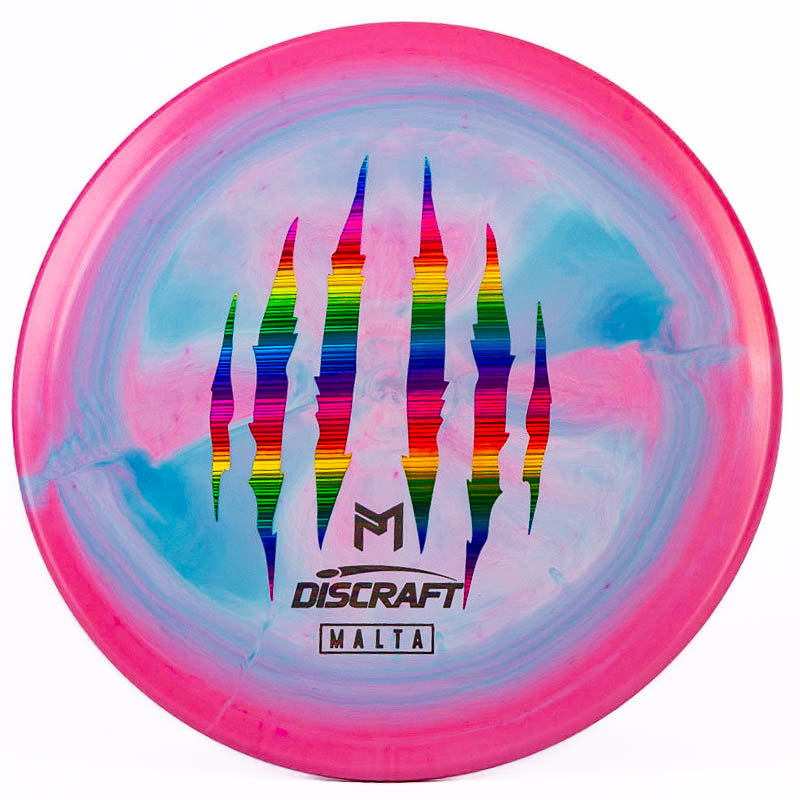 A pink and blue Discraft Malta with a rainbow colored stamp